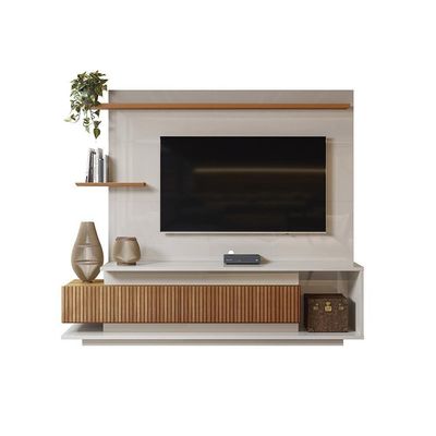Estante Home Para Até 65 Polegadas Com 2 Portas Efeito Ripado 3d Off White Perolizado-jequitiba Off White Perolizado-jequitiba