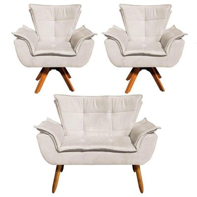 Kit Namoradeira E 2 Poltronas Base Giratória Madeira Opla Suede Bege - Ibiza