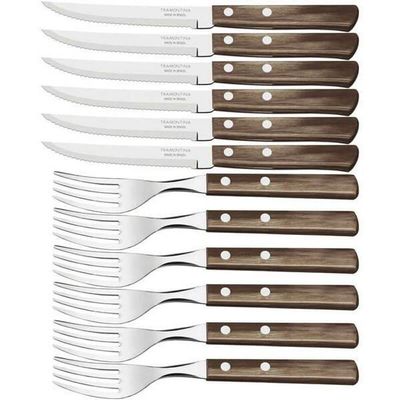 Jogo De Churrasco Tramontina Aço Inox Polywood 12 Peças Cabo Castanho
