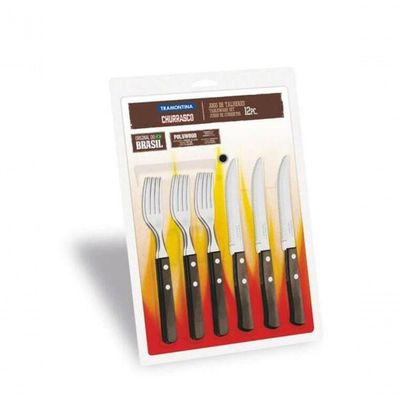 Jogo De Churrasco Tramontina Aço Inox Polywood 12 Peças Cabo Castanho