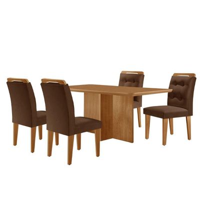 Mesa Olimpia 120 Mdf Canto Copo E Com 4 Cadeiras Carol Veludo Marrom Naturalle