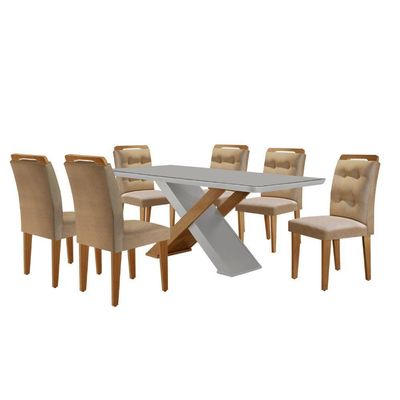 Mesa Sala De Jantar Carol 180cm E 6 Cadeiras Carol Moderna Turim / Off White / Imbuia