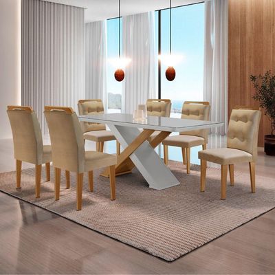 Mesa Sala De Jantar Carol 180cm E 6 Cadeiras Carol Moderna Turim / Off White / Imbuia