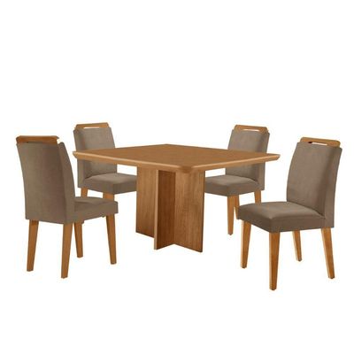 Mesa Olimpia 90 Mdf Canto Copo E Com 4 Cadeiras Athenas Veludo Capuccino Naturalle