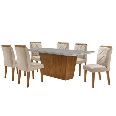 Mesa Sala De Jantar Aida 180cm E 6 Cadeiras Melissa Moderna Veludo Creme/off White/imbuia