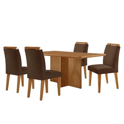Mesa Olimpia 120 Mdf Canto Copo E Com 4 Cadeiras Athenas Veludo Marrom Naturalle