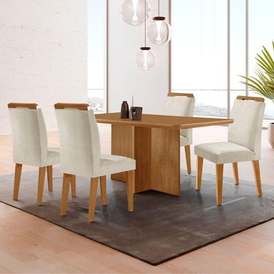 Mesa Olimpia 120 Mdf Com 4 Cadeiras Athenas Veludo Creme Naturalle
