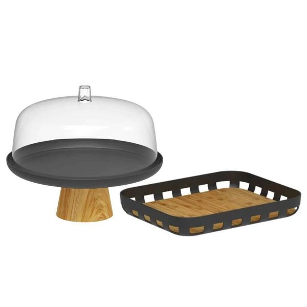 Conjunto Bandeja Retangular e Boleira Cúpula Plástica 25cm com Pé Bambu Lume Preto Ou