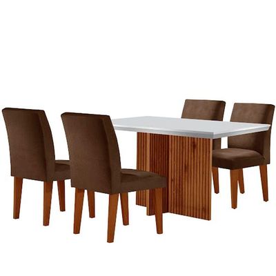 Sala De Jantar Mesa Olimpia Canto Reto Com 4 Cadeiras Grecia Marrom/off White/imbuia Ripado