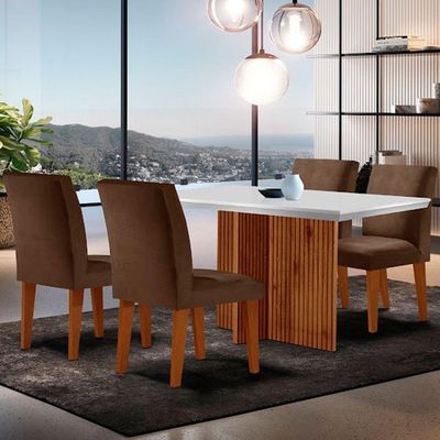 Sala De Jantar Mesa Olimpia Canto Reto Com 4 Cadeiras Grecia Marrom/off White/imbuia Ripado
