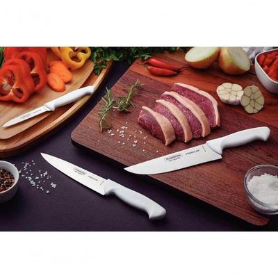 Jogo De Facas Tramontina Premium Com Lâminas Em Aço Inox E Cabos De Polipropileno Branco 3 Peças