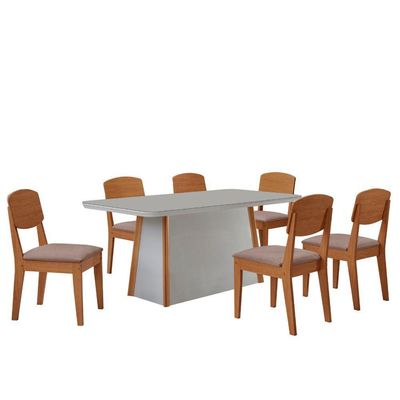Mesa Diane 180cm Tampo Mdf Vidro Canto Copo Com 6 Cadeiras Linho Capuccino Off White Naturale Serigueira