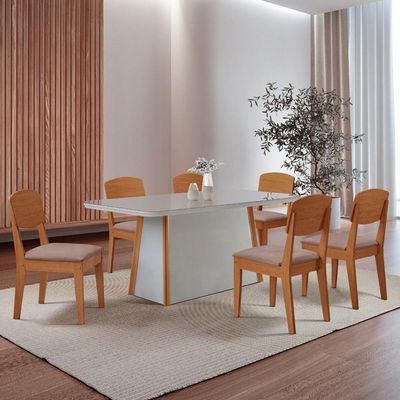 Mesa Diane 180cm Tampo Mdf Vidro Canto Copo Com 6 Cadeiras Linho Capuccino Off White Naturale Serigueira