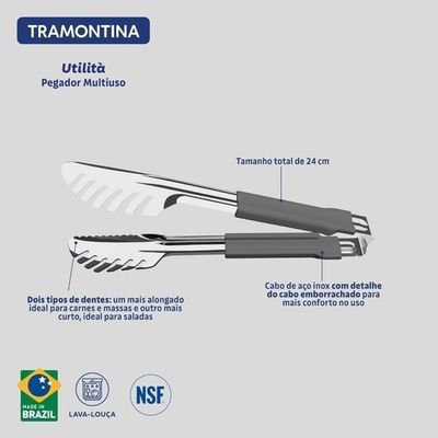 Pegador Tramontina Utilitá Cinza Em Aço Inox Com Cabo Emborrachado 24cm