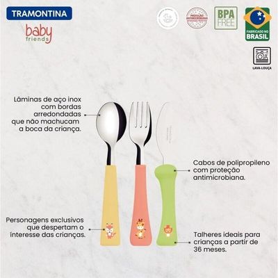 Jogo De Talheres Infantil Tramontina Baby Friends 3 Peças Colorido