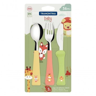 Jogo De Talheres Infantil Tramontina Baby Friends 3 Peças Colorido