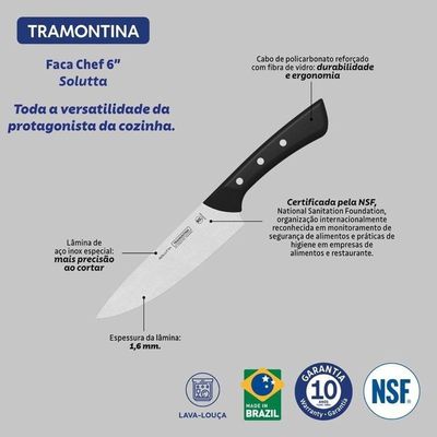 Faca Chef Tramontina Solutta Em Aço Inox E Cabo Em Policarbonato Preto 6"