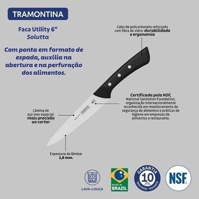 Faca Utility Tramontina Solutta Em Aço Inox E Cabo Em Policarbonato 6" Preto