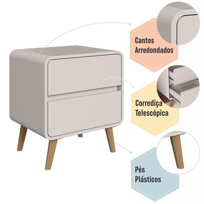 Mesa De Cabeceira Canto Curvo Com 02 Gavetas E Pés Palito Retrô Bege Dunas