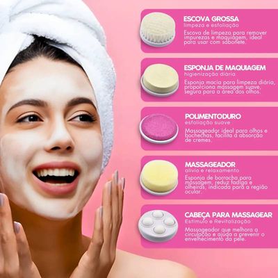 Escova Facial Rosa Elétrica 5 Cabeças Portátil Esfoliante