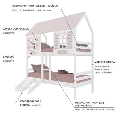 Beliche Casinha Bela Kit Escada/escorregador - Madeira Maciça Branco/rosa Housin