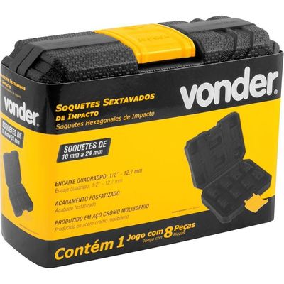 Jogo Soquete Sextavado Vonder 10 à 24 Encaixe 1- 2" 8 Peças
