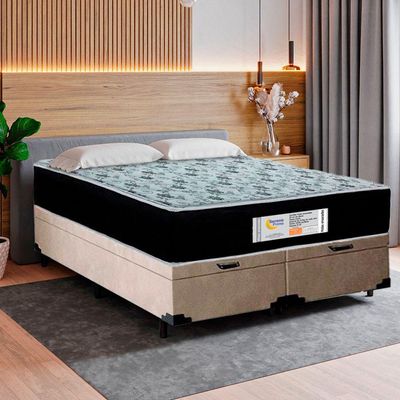 Cama Box Baú Queen Bipartido Suede + Colchão Molas Ensacadas Sereneprime Sonnolux 158x198x69 Bege