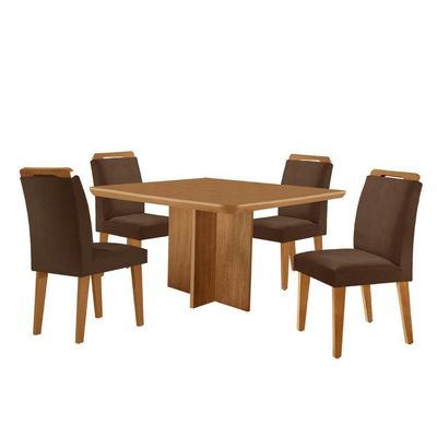 Mesa Olimpia 90 Mdf Canto Copo E Com 4 Cadeiras Athenas Veludo Marrom Naturalle