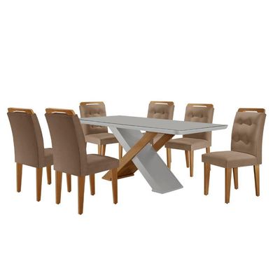 Mesa Sala De Jantar Carol 180cm E 6 Cadeiras Carol Moderna Vel. Capuccino Off White Imbuia