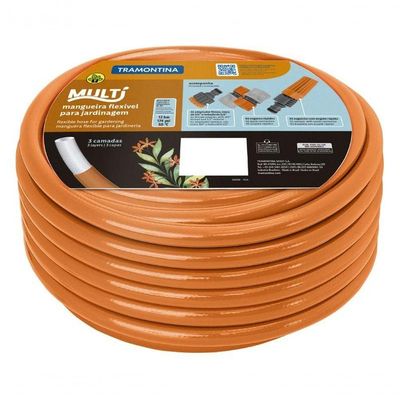 Mangueira Multi 1-2" Tramontina Em Pvc Laranja 3 Camadas 25m Com Engates Rápidos E Esguicho