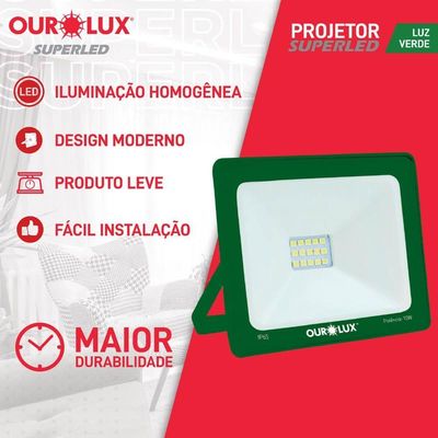 Projetor Slim Superled Verde 10 Watts Bivolt - 03280 - Ourolux Refletor Led Slim 10w Bivolt Verde Ourolux
