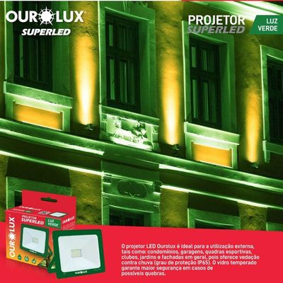 Projetor Slim Superled Verde 10 Watts Bivolt - 03280 - Ourolux Refletor Led Slim 10w Bivolt Verde Ourolux