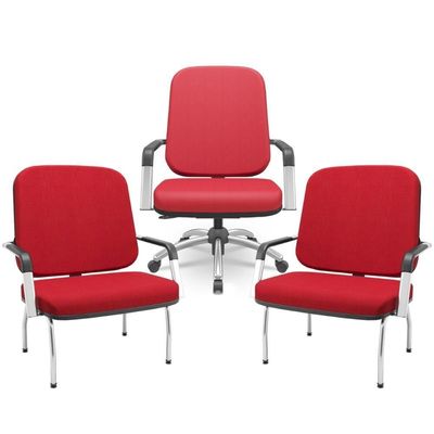Kit Cadeira De Escritório Giratória E 2 Cadeiras Fixas Cromada Magno P03 Crepe Vermelho - Lyam Decor