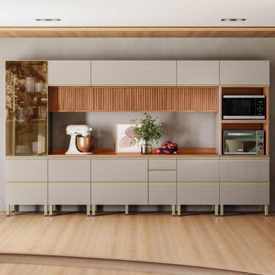 Cozinha Modulada Proença 8 Peças Com Cristaleira E Balcão 120cm Nogueira Touch/Nude Prime Tx - Demartêz