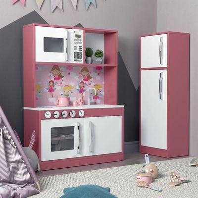 Cozinha Infantil Completa C/ Microondas Forno Fogão E Refrigerador Helena Branco E Rosa