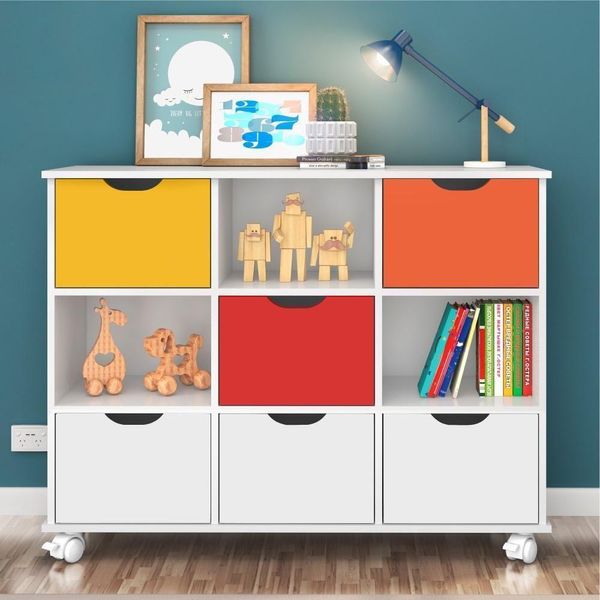 Conjunto Nicho Organizador Kenya 9 Espaços Rodízios 3 Gavetas Brancas Coloridas