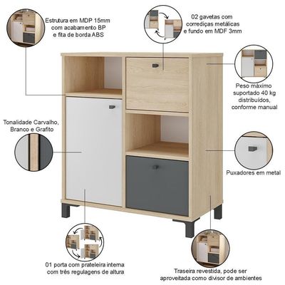 Balcão Para Escritório Home Office Multiuso Asgard A02 Carvalho Branco Grafito - Lyam Decor
