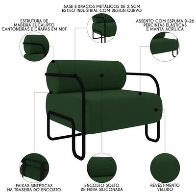 Poltrona Decorativa Para Sala Industrial Kit 2 Kira K04 Veludo Verde Musgo - Mpozenato