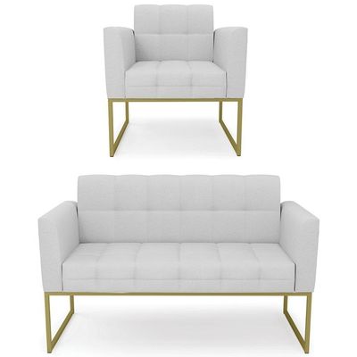 Sofá Namoradeira E 1 Poltrona Base Industrial Dourado Ana Linho Cinza - Ibiza