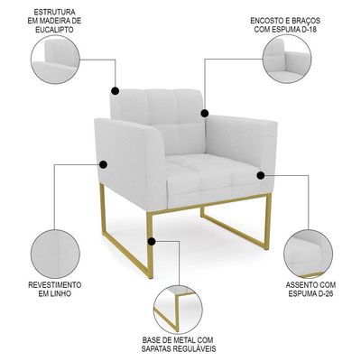Sofá Namoradeira E 1 Poltrona Base Industrial Dourado Ana Linho Cinza - Ibiza