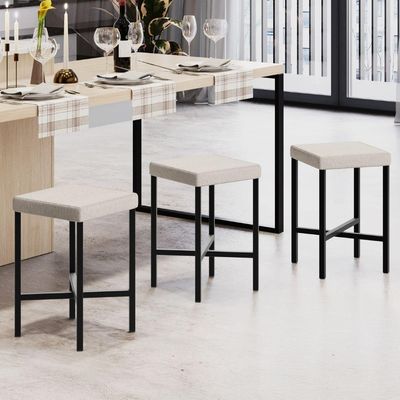 Banqueta Baixa Bar Cozinha Sala De Jantar Preto Stella L02 Linho Cru - Lyam Decor