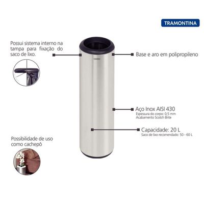 Lixeira Inox Cápsula 20 L Acabamento Scotch Brite Tramontina