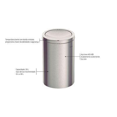 Lixeira Inox Tramontina Swing Scotch Brite e Tampa Basculante 20 Litros