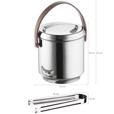 Kit 2 Baldes de Gelo Térmico Inox 2,3l Alça em Couro Com Pegador e Container Elegante Festa Bar Confraternização