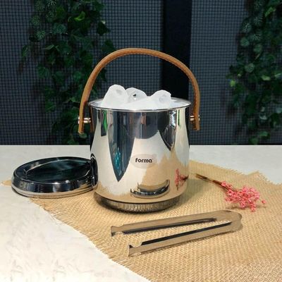 Kit 2 Baldes de Gelo Térmico Inox 2,3l Alça em Couro Com Pegador e Container Elegante Festa Bar Confraternização