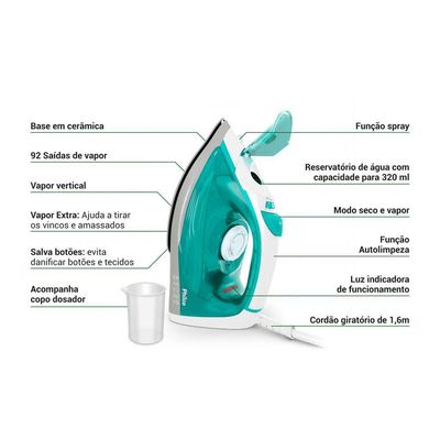Ferro de Passar a Vapor Philco 320ml Base Cerâmica PFV71 110V