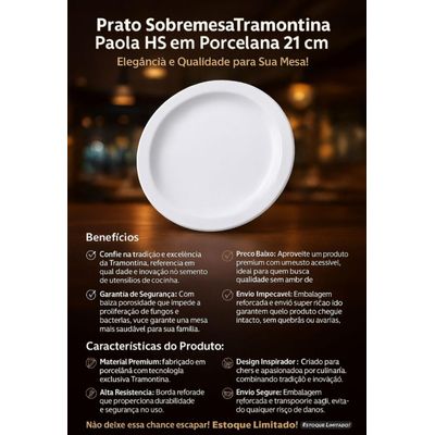 Conjunto 6 Pratos Sobremesa Tramontina Paola Porcelana 21 cm