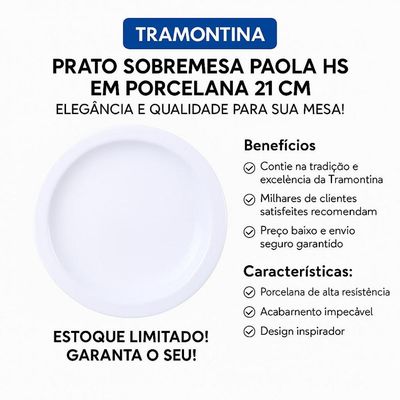Jogo 4 Pratos Sobremesa Laura Iguaçu Porcelana 21 cm - Tramontina