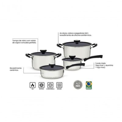 Jogo De Panelas Tramontina Solar Ceramic Inox Com Revestimento Cerâmico Grafite 4 Peças