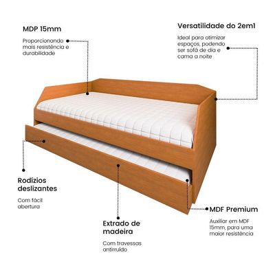 Sofá Cama Solteiro Duo Com Cama Auxiliar Em Mdf Reforçado 15mm Nature